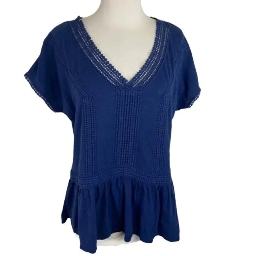 Sonoma Goods For Life Peplum‎ Top L Blue Crochet Lace V-Neck Short Sleeve Cotton